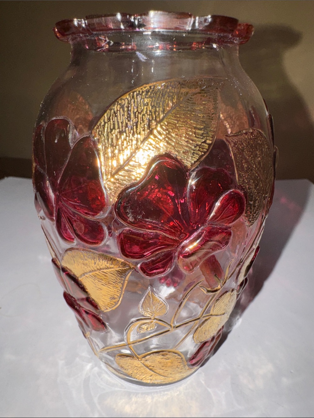Vase Red and Gold Floral Glass textured 5.75” tall